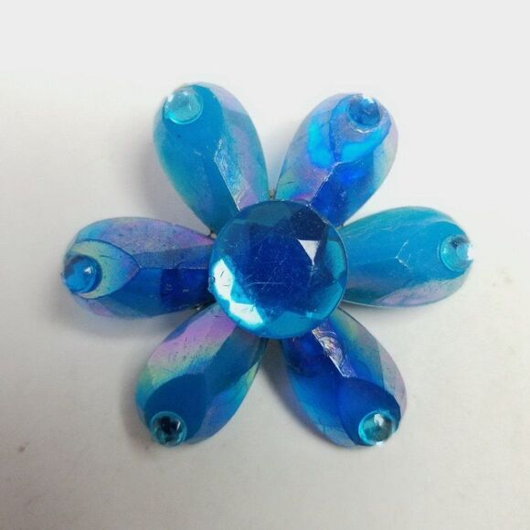 Vintage Blue Flower Shape Brooch, Fun Iridescent 90s Y2K Style Lapel Pin Estate - Picture 2 of 6